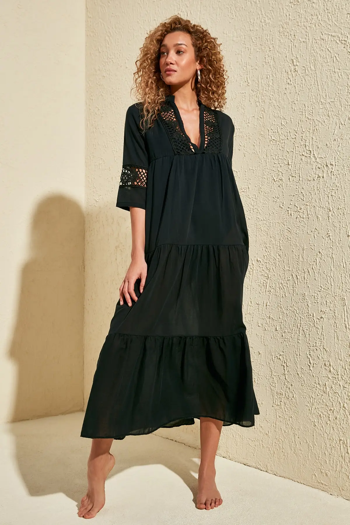 Trendyol V Collar Voile Beach Dress TBESS20EL1076|Dresses| - AliExpress