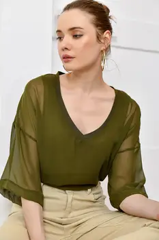 

Trend Alacati Style Women Khaki In-Lined Chiffon Blouse ALC-X3678
