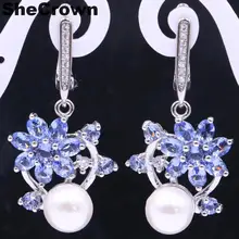 38x14 мм элегантная форма в виде цветка фиолетовый танзанит белый жемчуг CZ подарок для девочек серебряные серьги