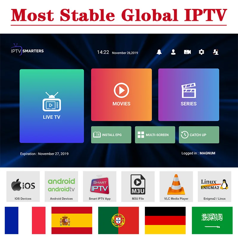 Spain IPTV France Arabic Portugal IP TV Netherlands Magnum for Android M3U IOS MAG Enigma2 Smart TV 1 Year Code Subscription