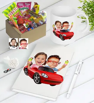 

Personalized Brothers Caricature Of Nostalgic Lezzetler Notebook Pen Mug Gift set