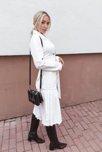 Dress Women Pleated-Belt Patchwork-Bottom Simplee Long-Sleeve Midi Notched Vintage Autumn