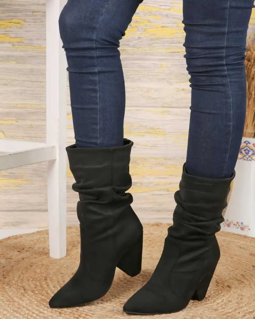 

Mosimoso Women's Ankle Height Boot Canvas Black Suede Pyramid Heel Women Boots