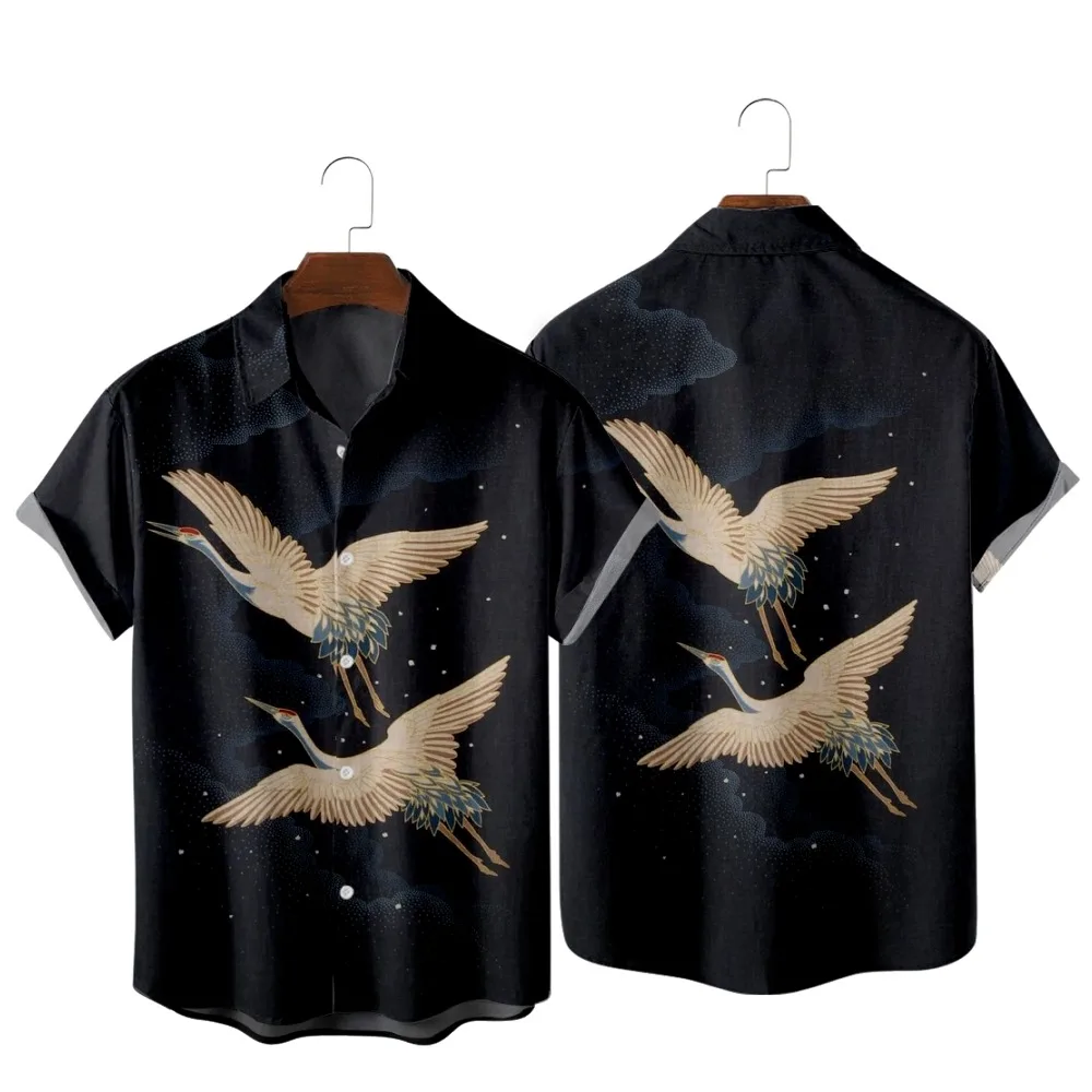 black short sleeve button up 3D night sky red-crowned crane ancient style printing casual retro men's and women's spring and autumn short-sleeved shirts blue short sleeve shirt