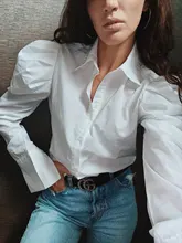 Señoras manga linterna blusa elegante camisa de las mujeres blanco negro Casual botón Vintage cuello Oficina camisa Mujer
