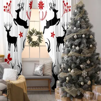 

Berries Leaves Tree Branches Reindeers Horns on Bright Background Christmas Decorating Artwork Printed Red White Black Curtain