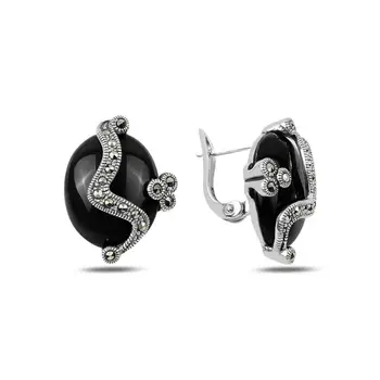 

925 Sterling Silver Fashion Onyx Enerji Stone & Marcasite Fashion Earrings Jewelry Design Elegant Female Earrings Turkey Silver