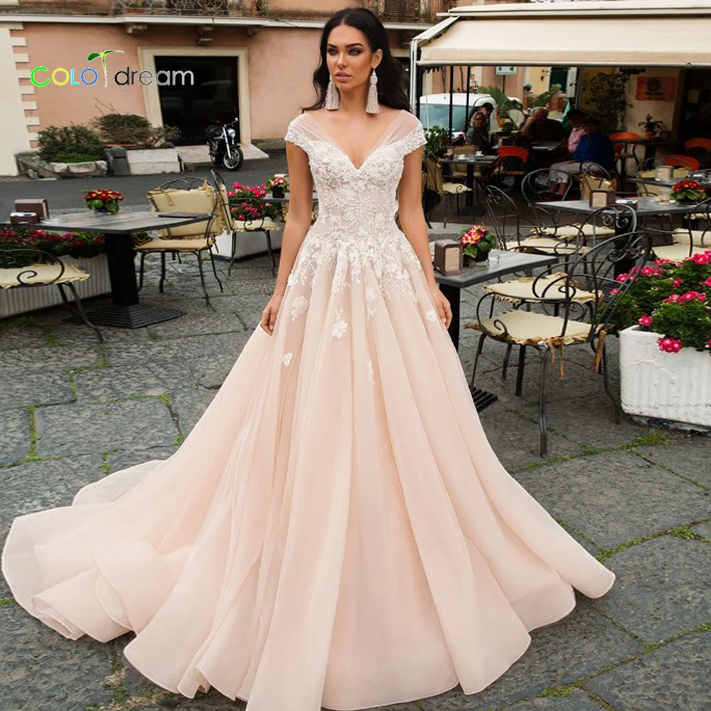 2019 свадебное платье A line vestido de novia Chapel train с v-образным вырезом | Свадьбы и торжества