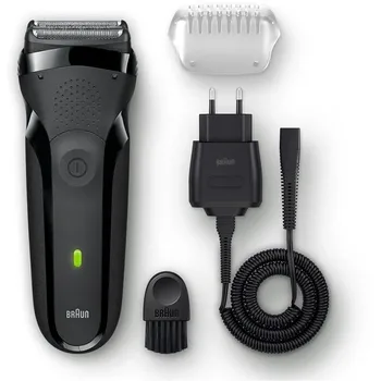 

Afeitadora braun series 3 300s negra - 3 elementos de corte - sumergible 5m - batería nimh - smart plug - cubierta protectora