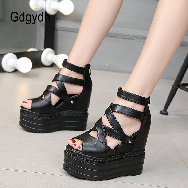 

Gdgydh Wedges Platform Women's Sandals Open Toe Solid Leather Women Sandal Hollow Out Sexy Summer Party Dress Designer Shoes