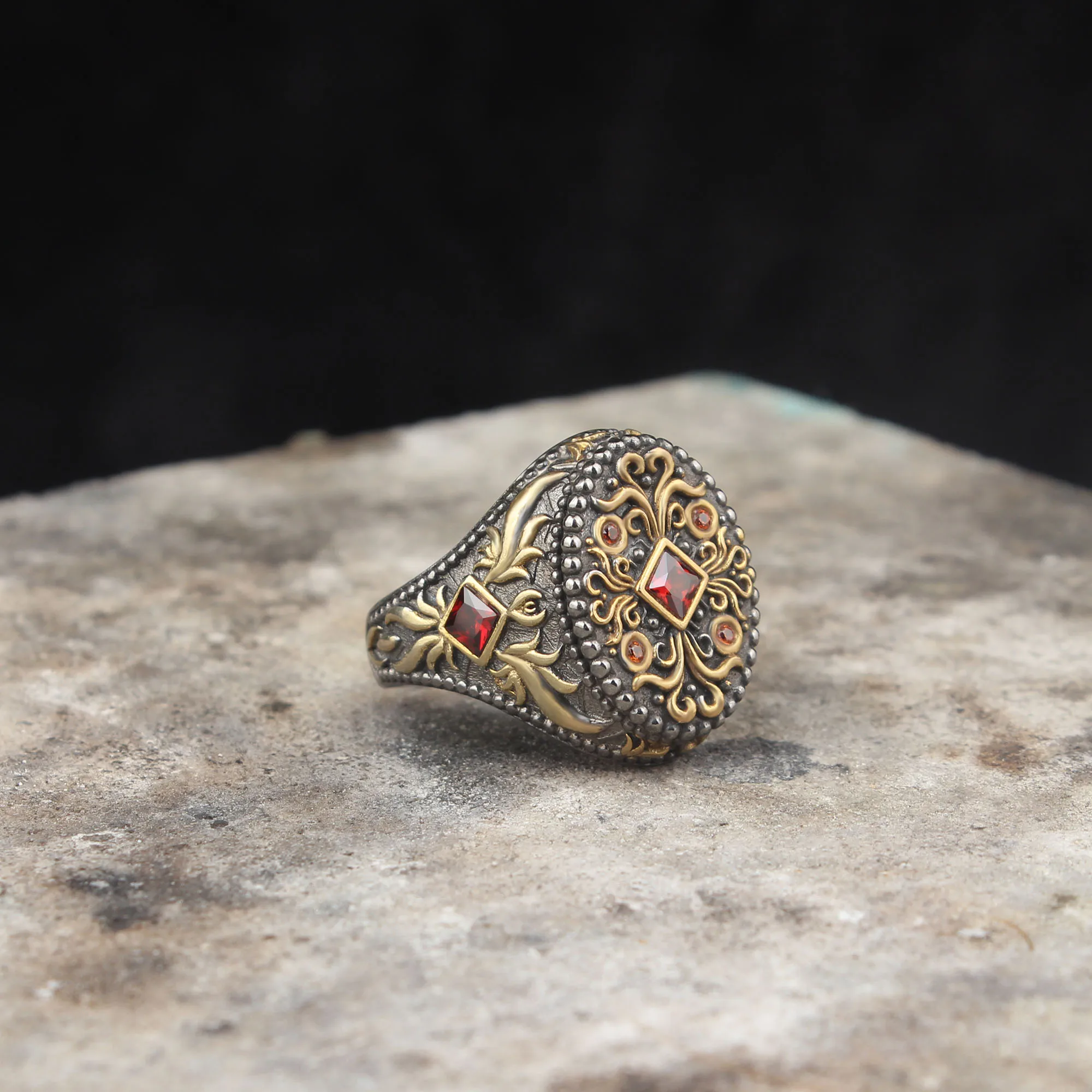 

925 Sterling Silver Red Micro Zircon GemStone Men Silver Ring, Vintage Silver Ring For Men, Handmade Engraved Men's Ring