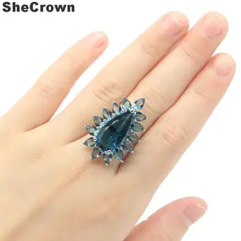 

34x23mm Beautiful Created Dark London Blue Topaz Gift For Sister Engagement Silver Rings