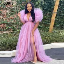 LORIE Gorgeous Pink Ruffle Sleeve Tulle Evening Dresses 2021 A Line Deep V-neck Side Spilt Floor Length Prom Gowns For Pregnancy