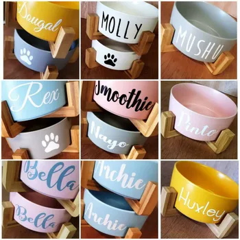 

personalised pet bowl with wooden stand / ceramic pet bowl/dog bowl /cat bowl/pet feeder/white pet bowl/Custom pet accessory