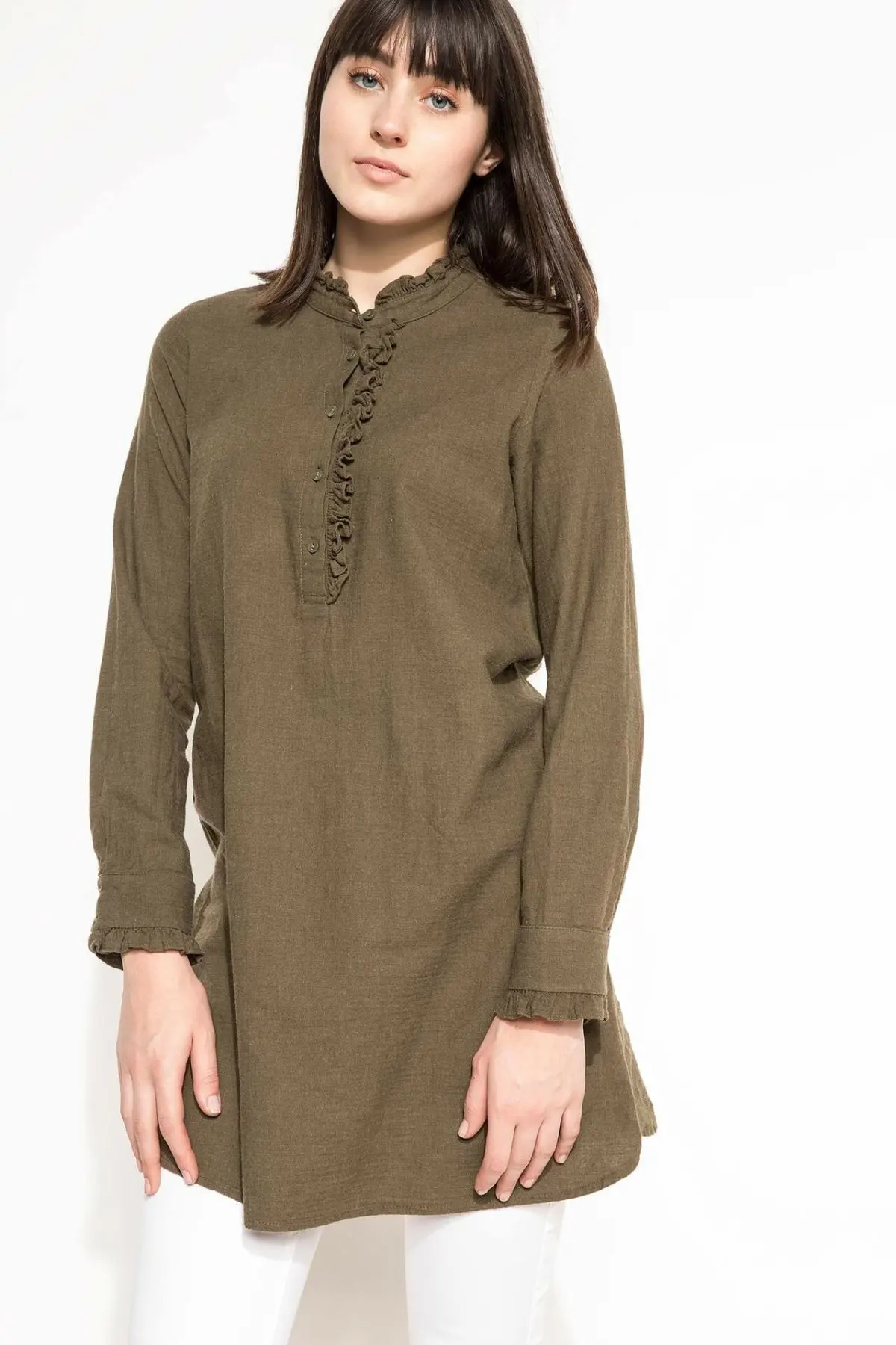 

DeFacto Woven Conservative Army Green Top Tees Women Casual Long T-Shirts Women Autumn O-neck Loose Tops Cloth-H7533AZ17WN