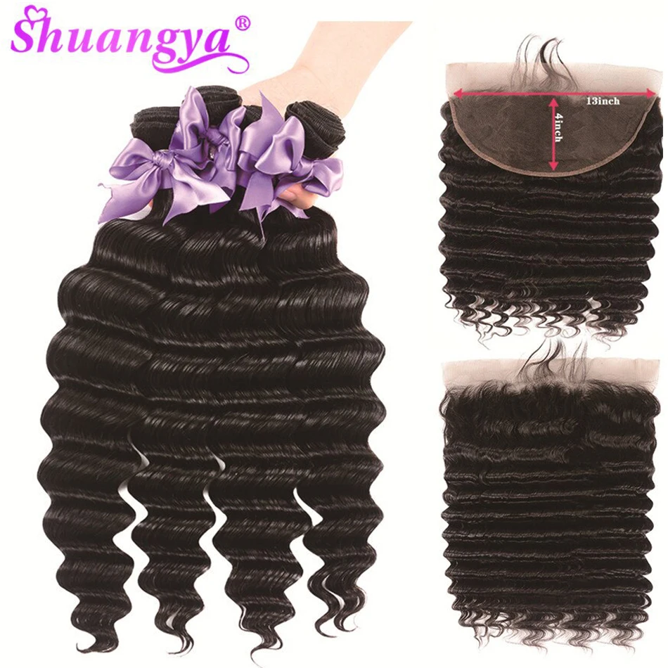 Feixes de Cabelo Malaio com Frontal Encerramento com Bundles Humano com Frontal Onda Profunda Solto Lace Frontal Remy 13×6