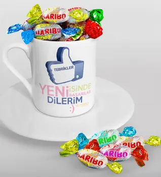 

Personalized New She Devotes The Success In Turkish coffee Cup and Haribo Candy Gift Seti-3