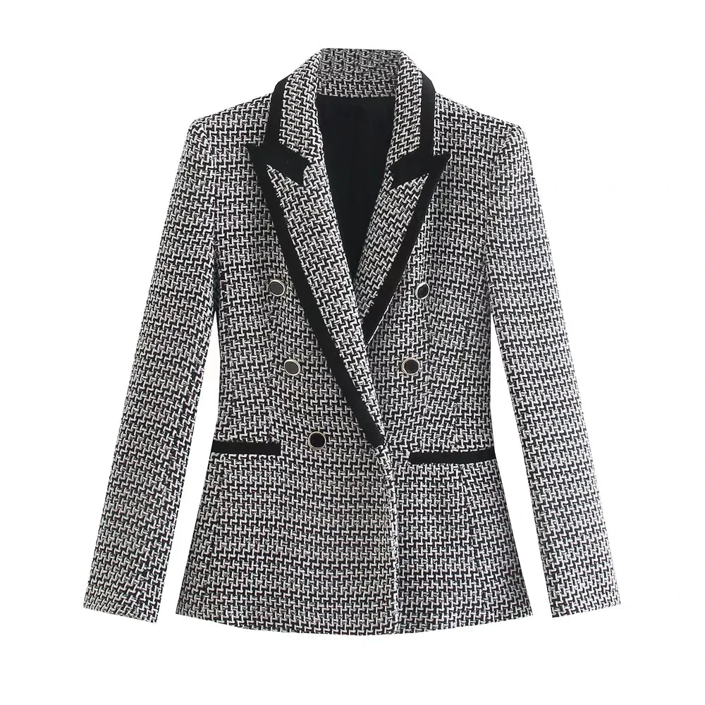 white short suit set TRAF Blue Pink Blazer Women Double Breasted Long Sleeve Jacket Woman Winter 2021 Fitted Coat Tweed Elegant Female Blazer womens suit set