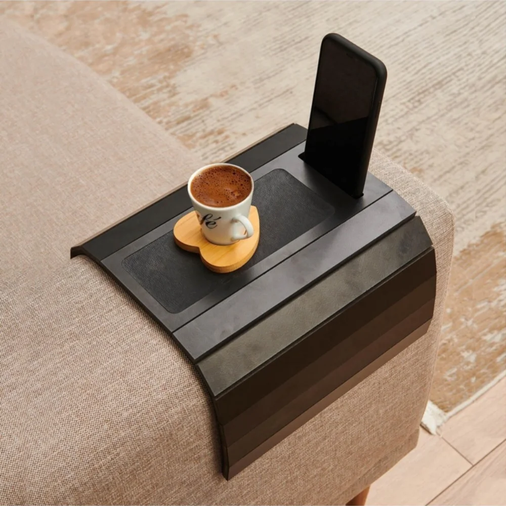Wooden Side Table With Phone Stand Sofa Tray Mat 50x28 cm Placemat Center Leather Decorative Armrest  Non Slip Folding Design