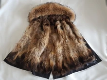 BLUENESSFAIR-abrigo de piel auténtica de zorro para mujer, chaqueta de invierno, Parka larga, Cuello de piel de mapache Natural, ropa de calle cálida