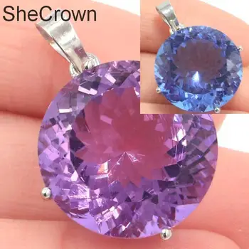

30x20mm Big Round Gemstone Created Color Changing Alexandrite & Topaz Engagement Silver Pendant