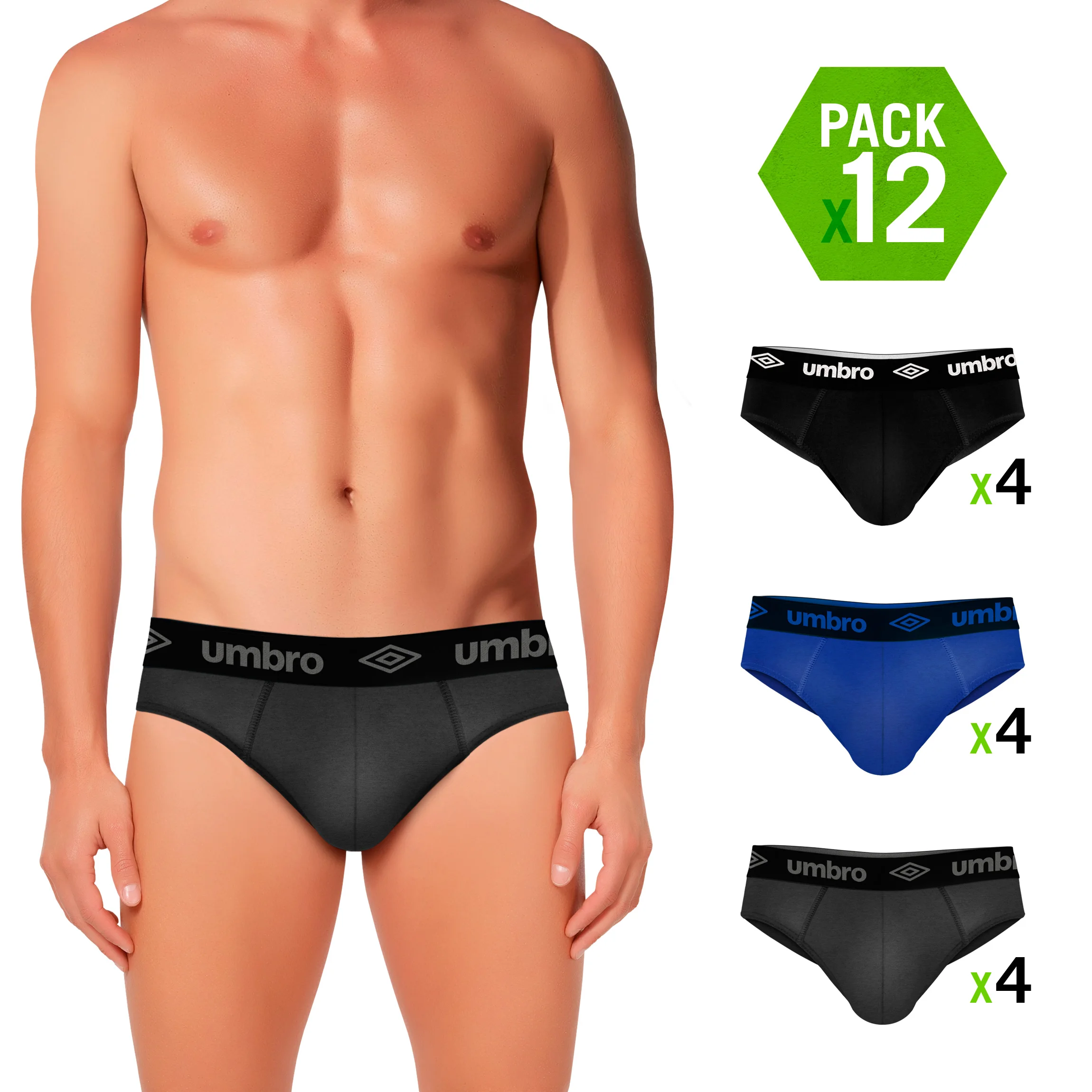 UMBRO calzoncillos tipo slip pack de 12 unidades en color negro azul y gris para hombre
