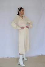 A-Line Dress V-Neck Spring Bishop-Sleeve Satin Simplee Chic Elegant Vintage High-Waist