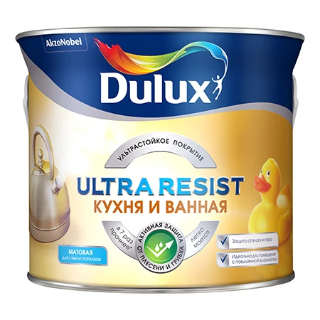 DULUX ULTRA RESIST КУХНЯ И ВАННАЯ краска с защитой от плесени и грибка матовая база BW (1л) |