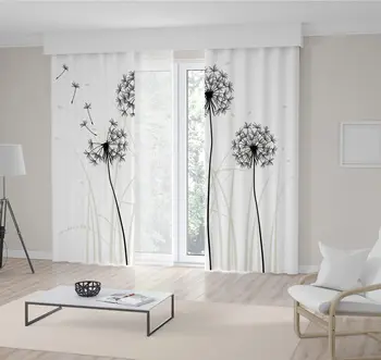 価格 カーテンタンポポシルエット秋のフィールドと野生の花と草田舎自然黒と白の芸術