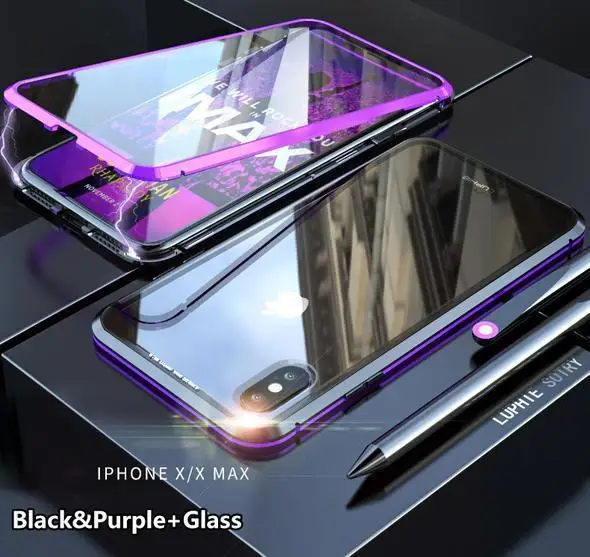 Магнитная Адсорбция прозрачная пленка из закаленного Стекло два боковых Стекло крышка чехол для iPhone X XS макс 7 8 Plus - Цвет: Purple