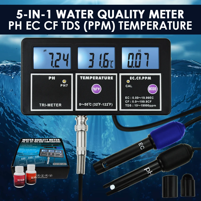 ppm 5-in-1 Water Quality Multi-parameter PH EC CF TDS Temperature Test Meter B 