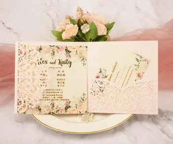 

10pcs square pocketfold design Laser Cut Wedding invitation Cards three folded card Greeting invitations for party supplies