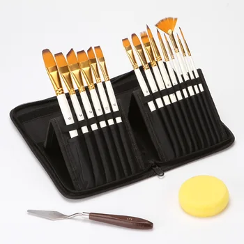 

15Pcs Wooden Paint Brush Set For Artists Watercolor Acrylic Oil Painting with Free Scraper Sponge Pen Storage Holder Bag