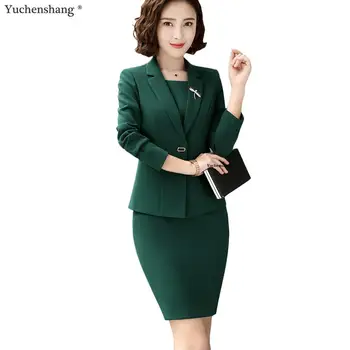

Elegant Skirt Suit Women Slim Green Single Button Blazers Jackets With Skirt Two Piece Set for Business Work Interview Wear