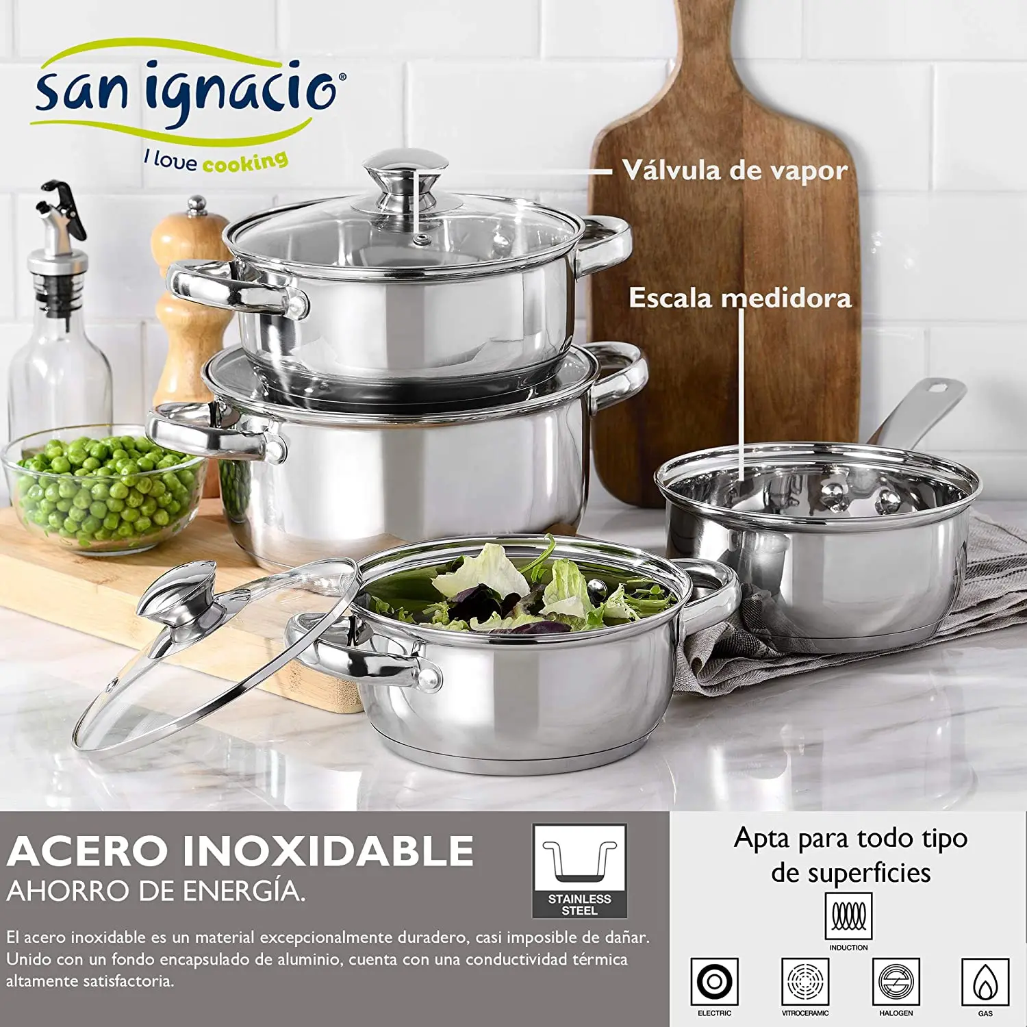 San Ignacio DI-Q3582 Batería de cocina 7 piezas Cazo sin tapa Ø16 (1.5L) /  Cacerola Ø16 (1.5L) Cacerola Ø18 (2.0L) Cacerola Ø20 (3.0L), acero  inoxidable, inducción - AliExpress