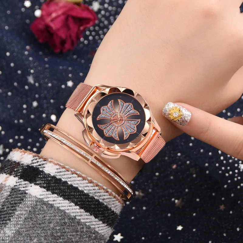 

WJ-7813 2019 Best Sell Shiny Flower Women Watches Rose Gold Luxury Quartz Wristwatch Mesh Buckle Watch For Female reloj mujer