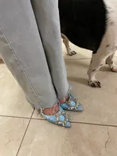 Zapatos de tacón alto con diamantes de imitación para mujer, calzado de seda satinada con punta puntiaguda, sin cordones, para boda, talla grande 41 42