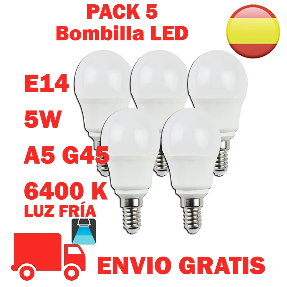 Pack de 5 Bombillas LED de 5W, E14, forma A5 G45, Luz 6400K).