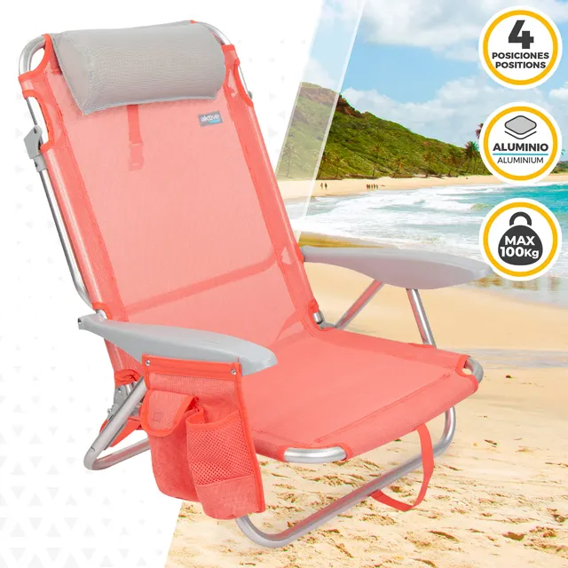 Silla de playa 4 posiciones con cojín y posavasos Aktive Beach, Silla  camping, Silla playa plegable reclinable, Silla reclinable, Sillas de playa,  Sillas de playa plegables, Silla de pesca, Silla playa,Silla reclinable 