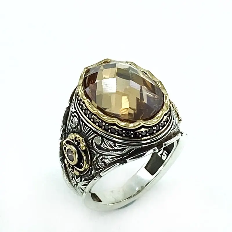 

Citrine Stone Hand Production Silver Men 'S Ring