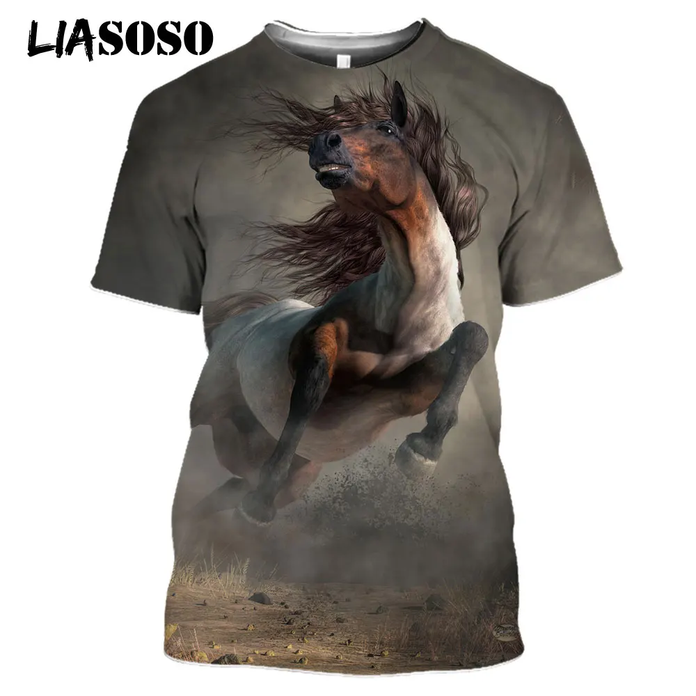 LIASOSO 2021 3D Print Robust Horses Snow Anime Horse Animals Tshirt Women Men Casual T-shirt Pullover Short Sleeve Large Clothes