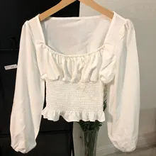 Short Blouses Womens Tops Long-Sleeve Vintage Square-Collar Casual Simple New Bow Solid