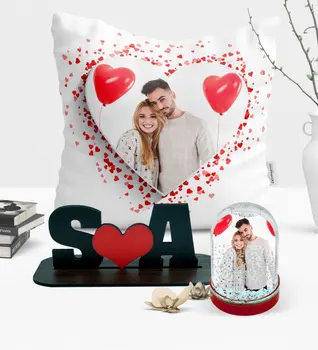

Personalized Snow Globe With Photo Pillow and Letter Trinket Set-2