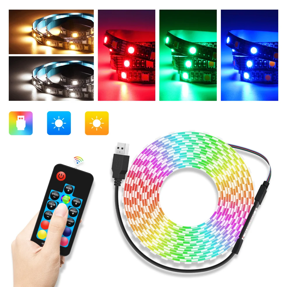 USB LED Strip Light 5050 RGB RGBW RGBWW 50CM 1M 2M with RF Remote Controller for PC TV Background Lighting Flexible LED Strip 5V