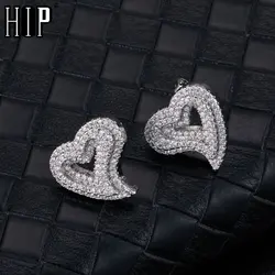 Hip Micro 1Pair Heart Shape Pave Baguette Cubic Zircon Stone Ice out Stud CZ Earring Bling Copper Earrings For Women Men Jewelry