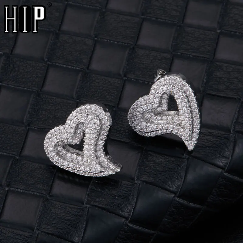 Hip Hip Micro 1Pair Heart Shape Pave Rhinestone CZ Stone Ice Out Stud Earring Bling Copper Earrings For Women Men Jewelry