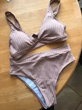 Peachtan-bikinis de cintura alta para mujer, bañador Sexy acanalado liso, traje de baño deportivo para mujer con cuello de pico, bikini a rayas 2021