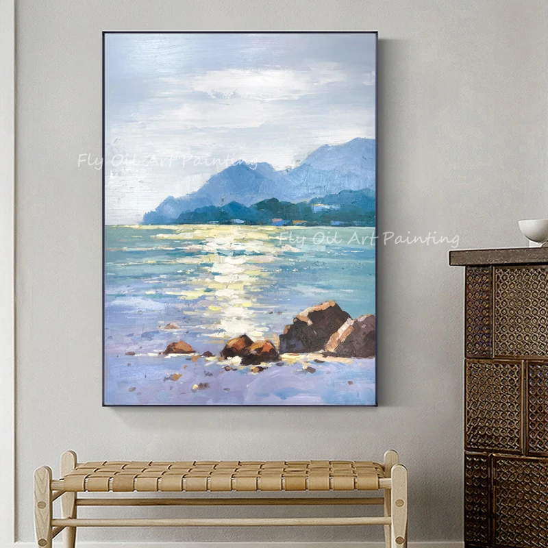 

100% Handmade ocean seaside thick landscape blue and grey canvas Oil Painting For Living Room Office Decoration Gift