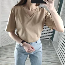 Summer T-Shirt Tees Short-Sleeve Basic Female V-Neck Women Ladies Hirsionsan 100%Cotton