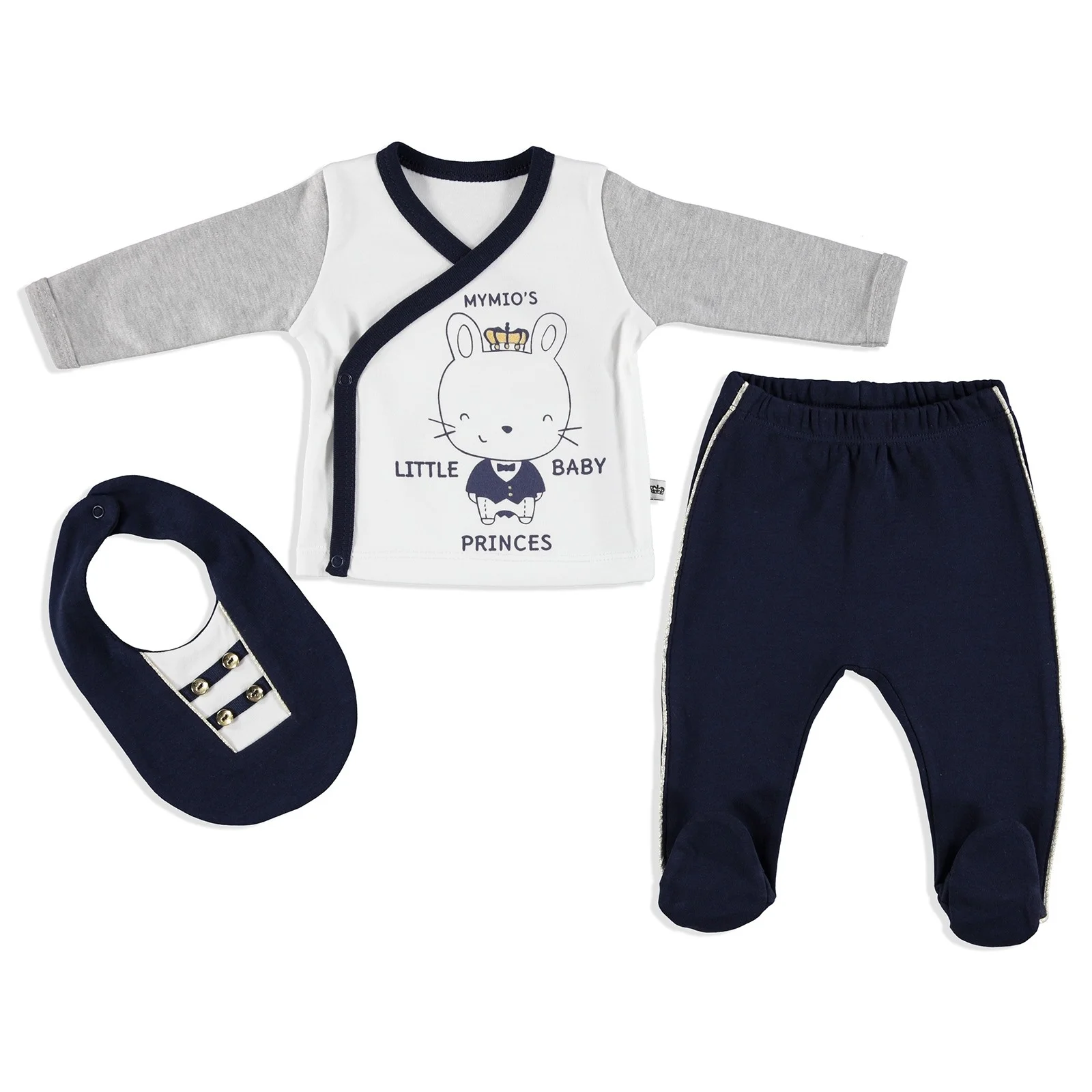 

ebebek Mymio Crested Interlock Baby Bodysuit Footed Trousers Bib Set